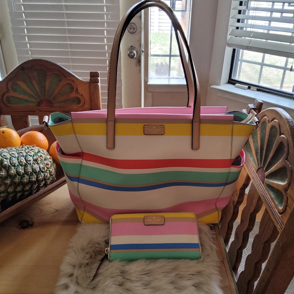 Authentic Kate Spade Diaper Bag and Wallet Multi Stripe Set EUC